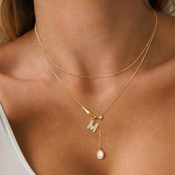 Dainty Gold Initial Necklace with Pearl Drop - Personalized A-Z Pendant Jewelry - Picture 4 of 7